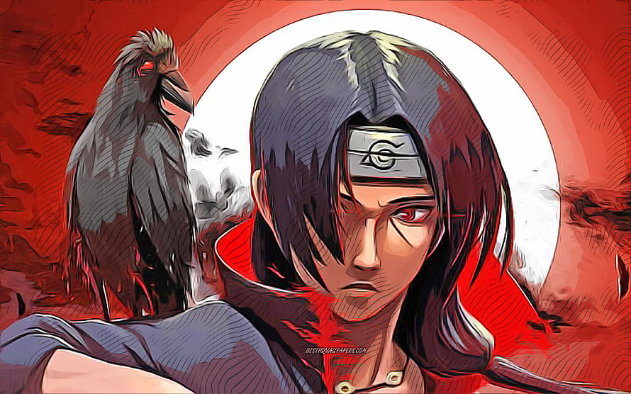 Itachi Uchiha with Raven in Dramatic Red Abstract Manga Style HD wallpaper