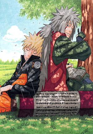 Naruto and Jiraiya Resting Under a Tree in the Rain HD phone wallpaper