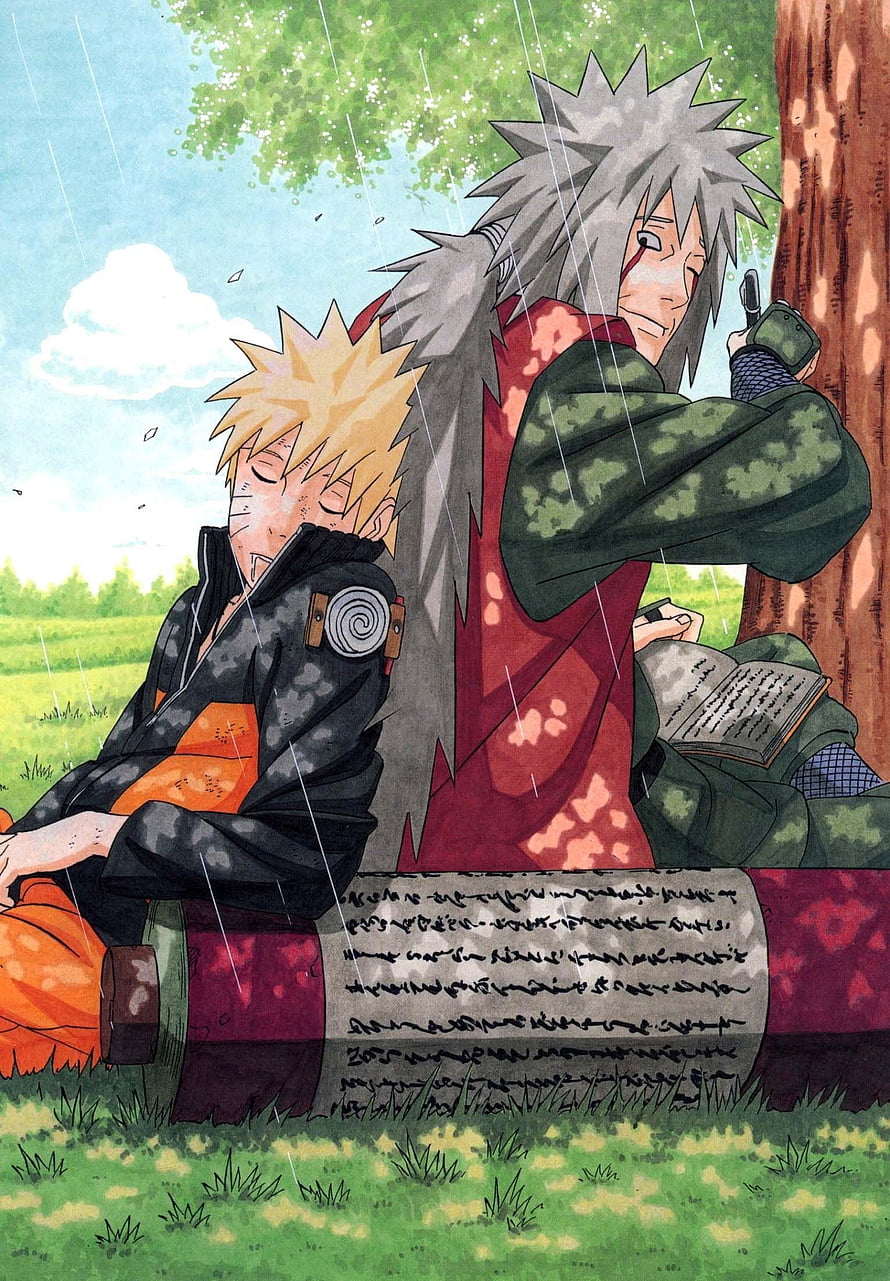 Naruto and Jiraiya Resting Under a Tree in the Rain HD phone wallpaper