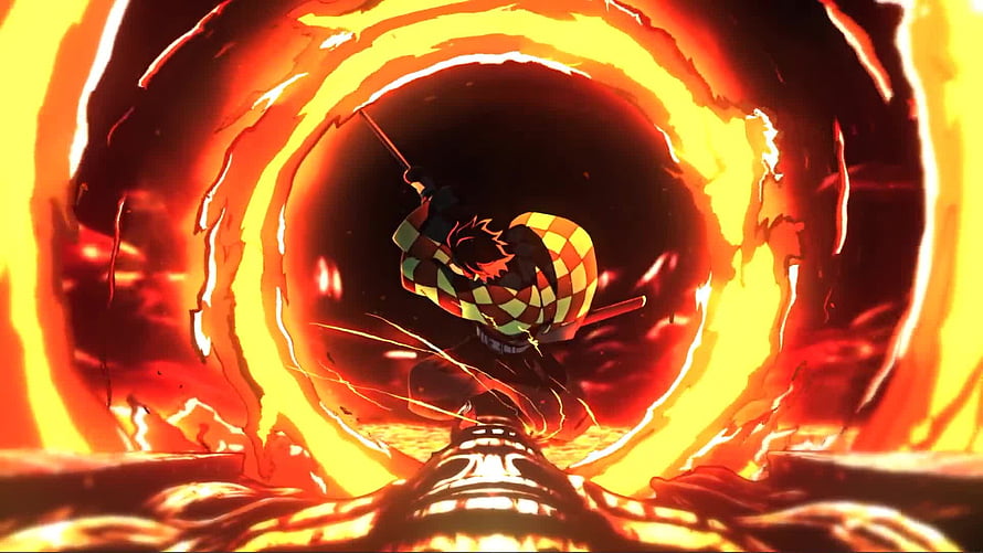 Tanjiro Kamado Performing Hinokami Kagura in Fiery Sun Breathing Animation HD wallpaper