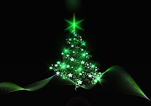 Glowing Green Star Christmas Tree on Black Background with Abstract Ribbons HD wallpaper