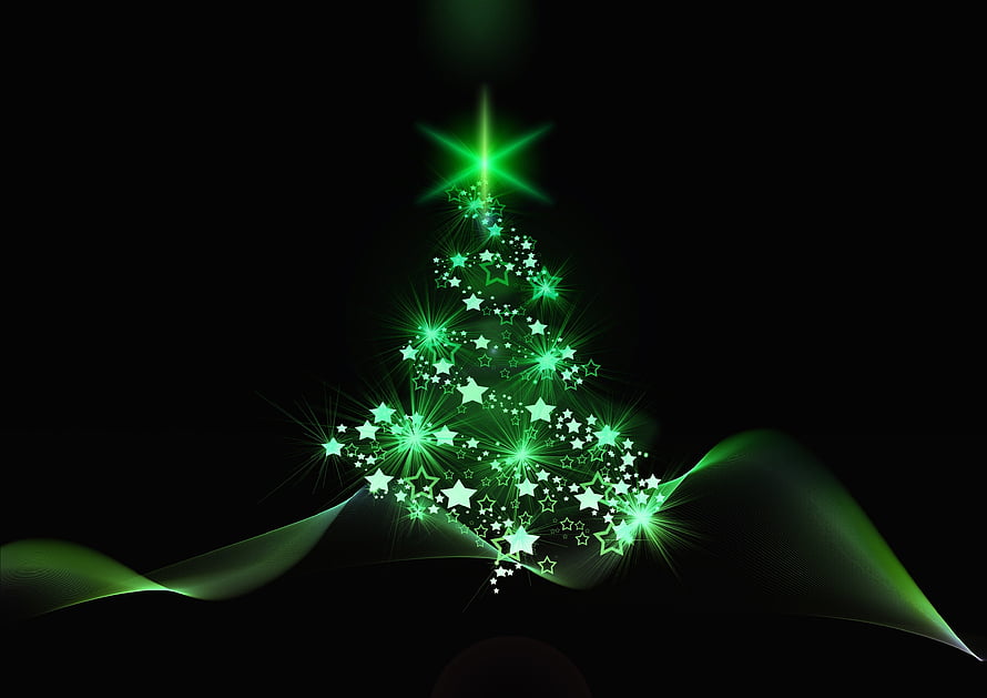 Glowing Green Star Christmas Tree on Black Background with Abstract Ribbons HD wallpaper