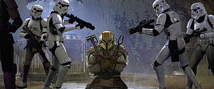 The Mandalorian Concept Art: Boba Fett Surrounded by Stormtroopers HD wallpaper