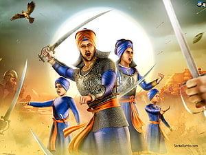 Chaar Sahibzaade Warriors in Battle with Swords and Turbans HD wallpaper