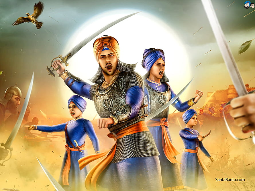 Chaar Sahibzaade Warriors in Battle with Swords and Turbans HD wallpaper