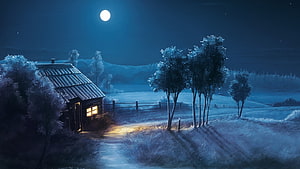 Cozy Snowy Cabin Under a Full Moon in a Winter Night Landscape HD wallpaper