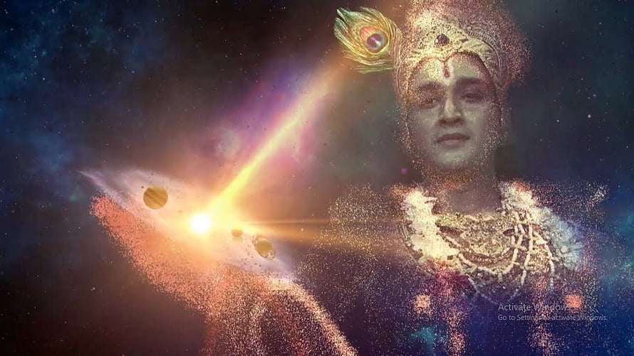 Krishna in Cosmic Universe with Radiant Light and Celestial Nebula Background HD wallpaper