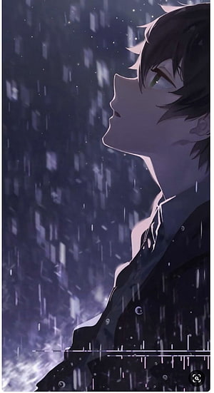 Anime Boy in Profile Gazing Upward in the Rain at Night HD phone wallpaper