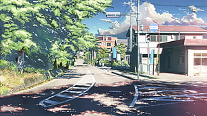 Sunny Japanese Street Scene in Anime Style with Lush Green Trees and Blue Sky HD wallpaper