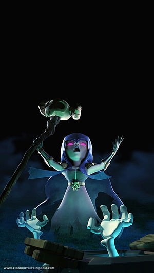 Clash Royale Witch Character Casting a Spell with Skeletal Hands and Skull Staff HD phone wallpaper