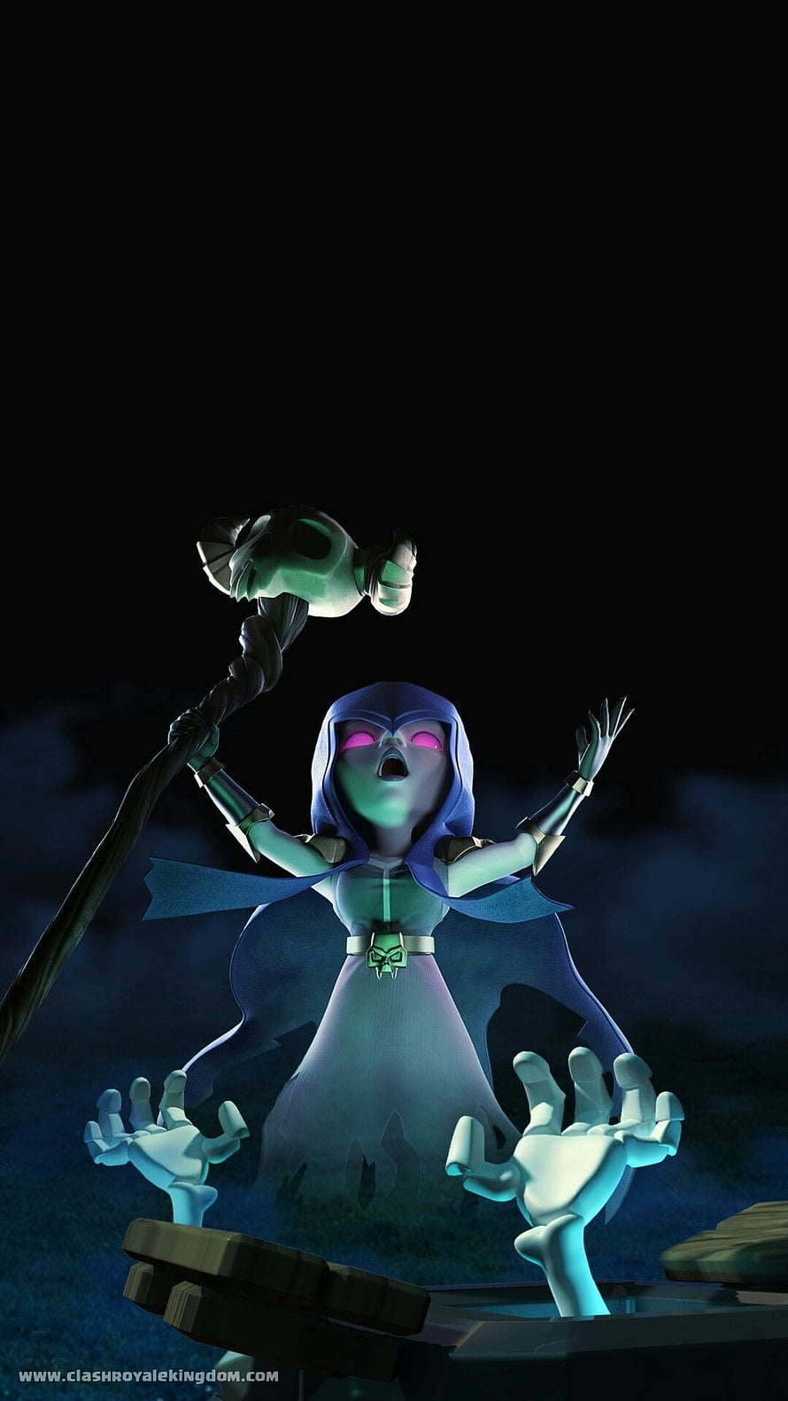 Clash Royale Witch Character Casting a Spell with Skeletal Hands and Skull Staff HD phone wallpaper