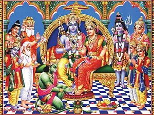 Shri Ram Darbar Traditional Indian Deity Painting with Sita and Divine Court HD wallpaper