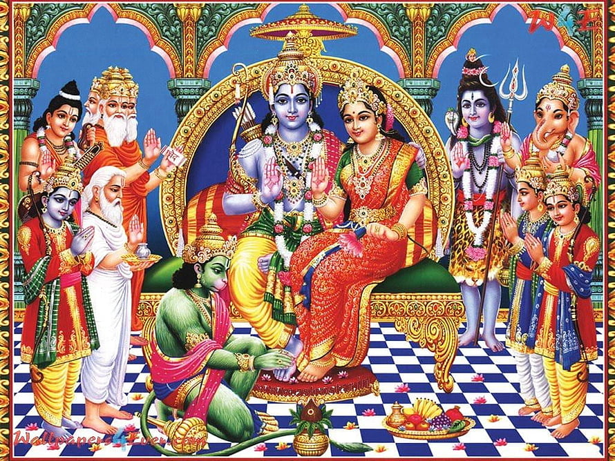 Shri Ram Darbar Traditional Indian Deity Painting with Sita and Divine Court HD wallpaper