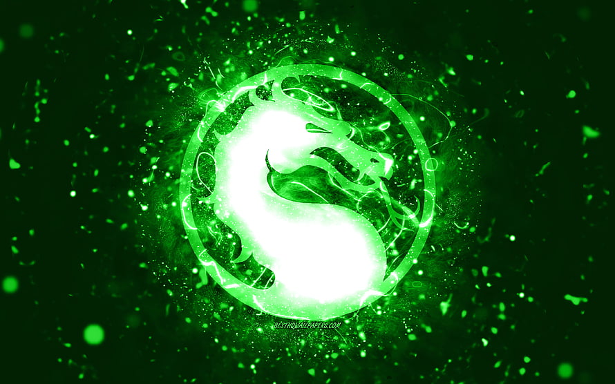 Mortal Kombat Green Dragon Logo with Neon Glow and Particle Effects HD wallpaper