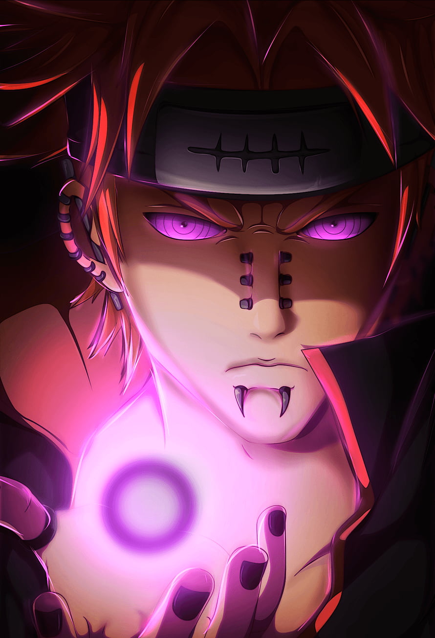 Pain from Naruto Shippuden with Rinnegan Eyes and Purple Chakra Aura HD phone wallpaper