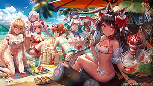 Iron Saga Anime Girls in Swimsuits Enjoying a Tropical Beach Party with Summer Drinks HD wallpaper