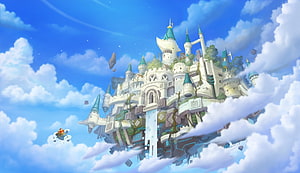 Guardian Tales Floating Sky Castle with Teal Spires and Cloudy Blue Sky HD wallpaper