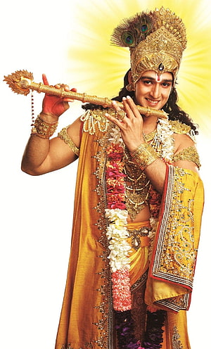 Lord Krishna Playing Golden Flute in Traditional Indian Attire HD phone wallpaper