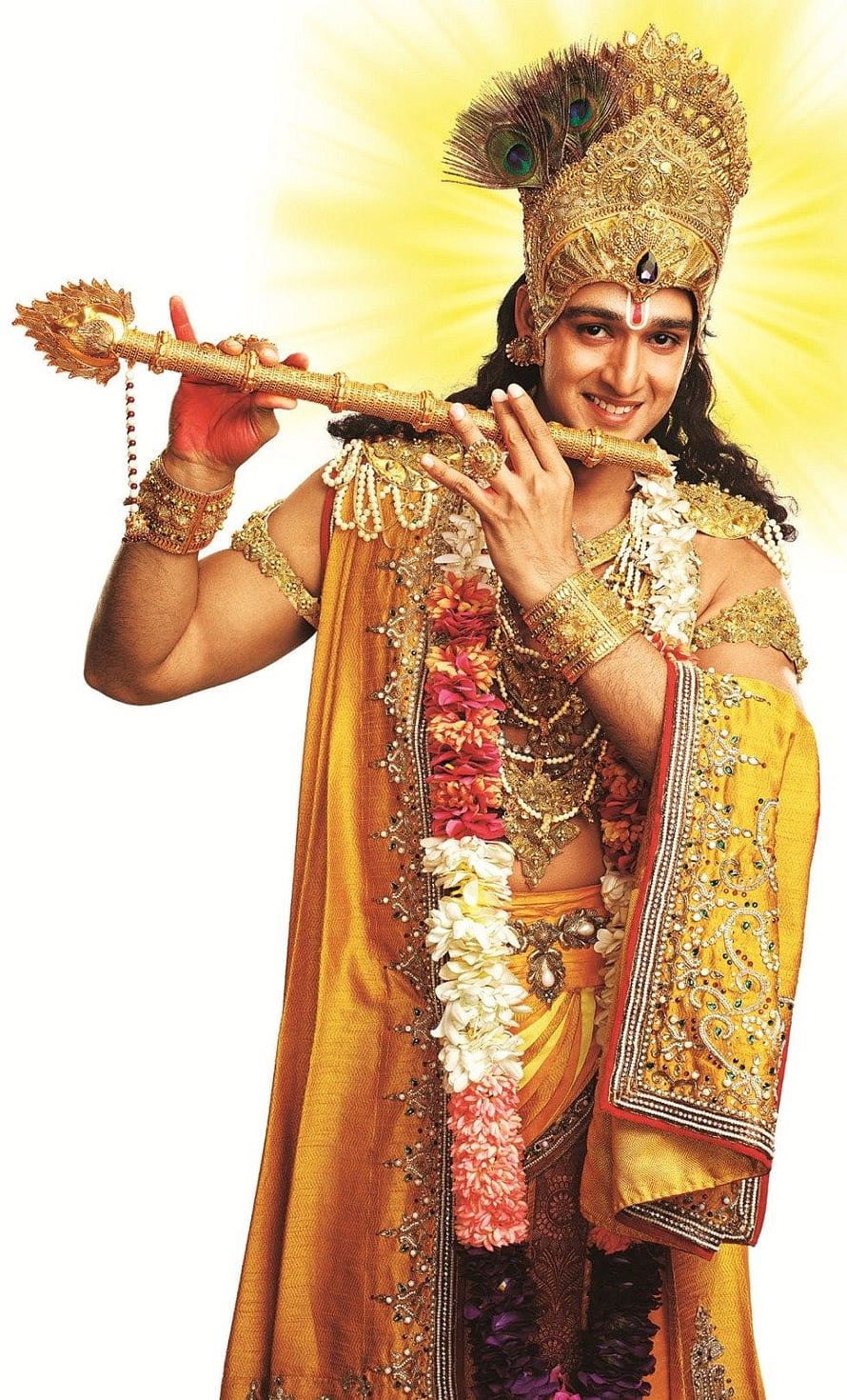 Lord Krishna Playing Golden Flute in Traditional Indian Attire HD phone wallpaper