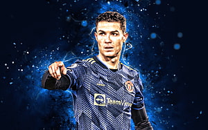 Cristiano Ronaldo in Manchester United Kit with Blue Neon Energy Effect HD wallpaper