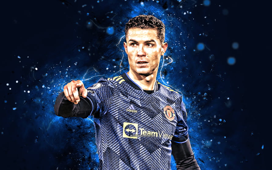 Cristiano Ronaldo in Manchester United Kit with Blue Neon Energy Effect HD wallpaper