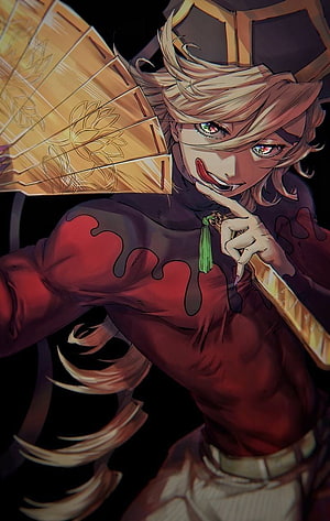 Doma from Demon Slayer Holding Golden Fan in Red Demon Form HD phone wallpaper