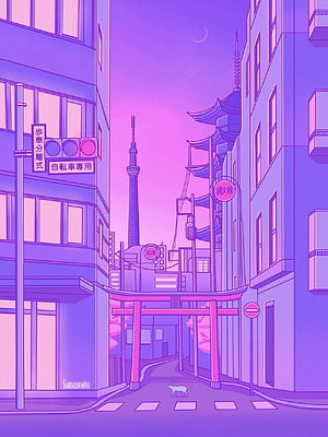 Pastel Purple Japanese Cityscape with Torii Gate and Tokyo Tower at Dusk HD phone wallpaper