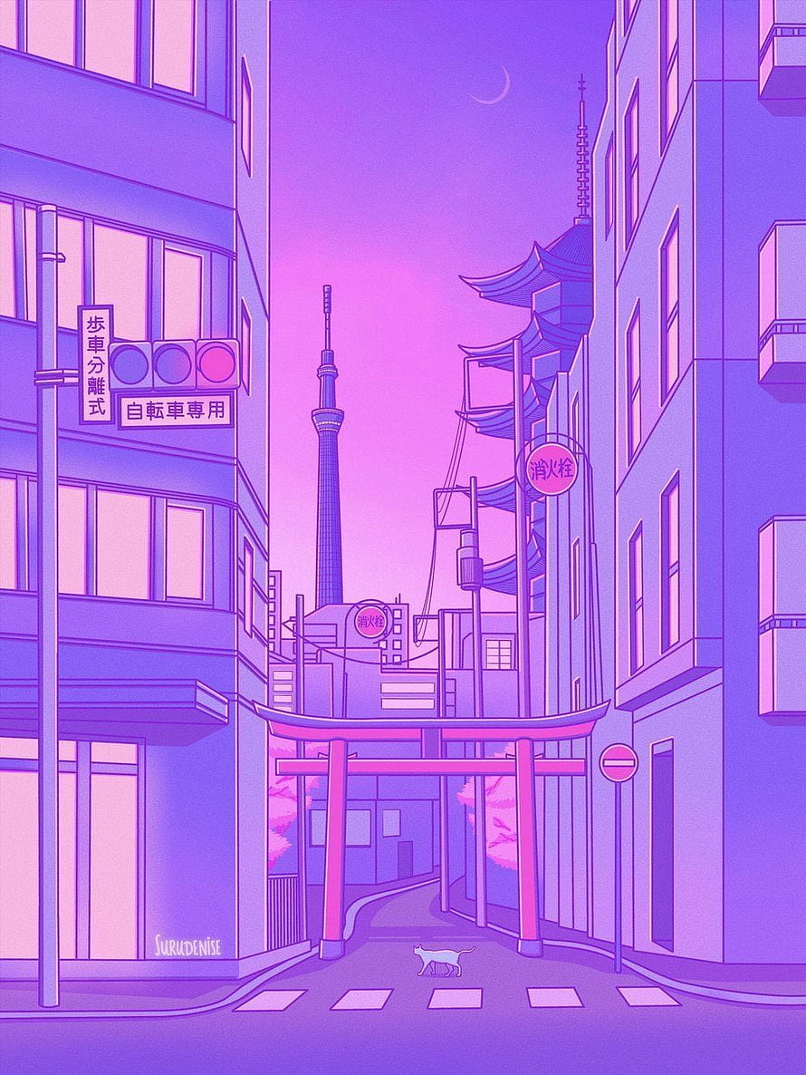 Pastel Purple Japanese Cityscape with Torii Gate and Tokyo Tower at Dusk HD phone wallpaper
