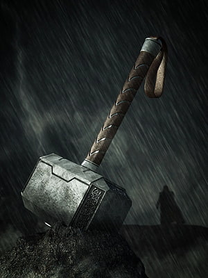 Thor's Mjolnir Hammer Stuck in Rock Under Stormy Rain with Distant Silhouette HD phone wallpaper