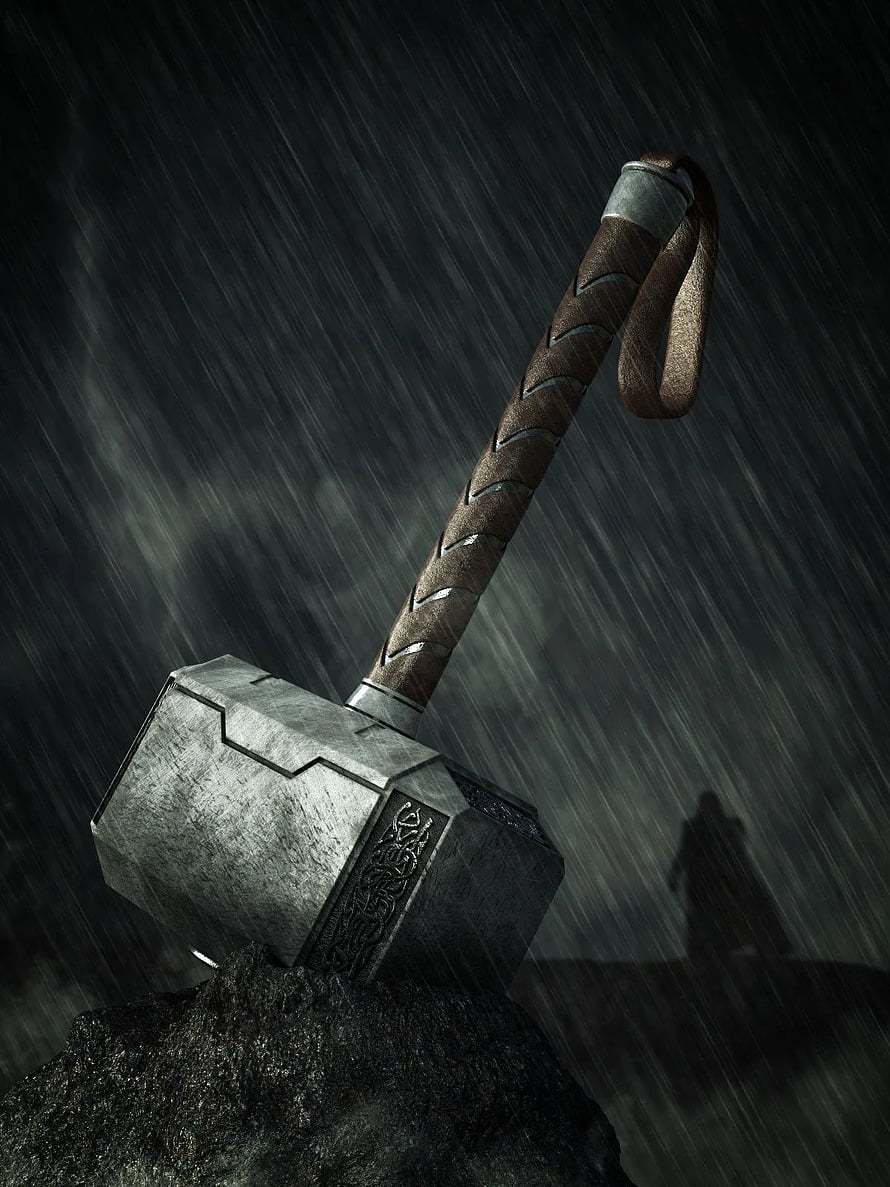 Thor's Mjolnir Hammer Stuck in Rock Under Stormy Rain with Distant Silhouette HD phone wallpaper