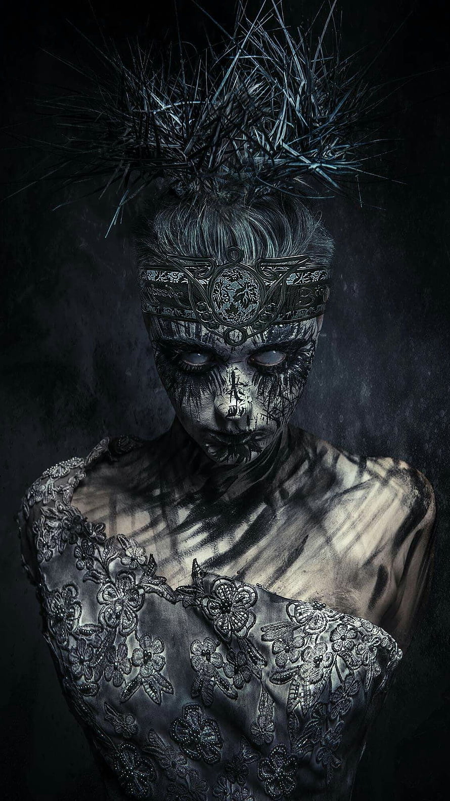 Dark Fantasy Portrait of a Woman with Intricate Black Face Paint and Spiked Headdress HD phone wallpaper