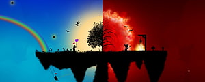 Split Screen Contrast Artwork: Peaceful Rainbow Landscape Versus Dark Fiery Inferno HD wallpaper