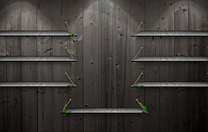 Dark rustic wooden wall with empty floating shelves and green ivy accents HD wallpaper