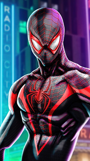 Spider-Man in Black and Red Suit with Neon City Background HD phone wallpaper