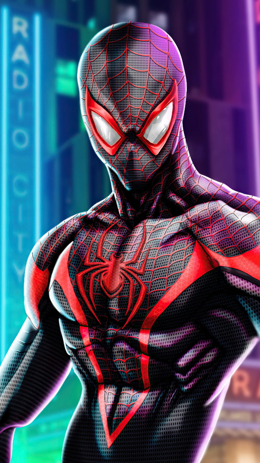 Spider-Man in Black and Red Suit with Neon City Background HD phone wallpaper