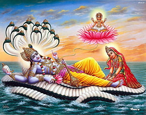 Lord Vishnu Reclining on Shesha Naga with Goddess Lakshmi and Brahma in Traditional Indian Art HD wallpaper