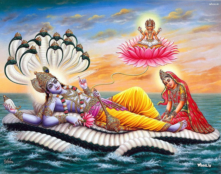 Lord Vishnu Reclining on Shesha Naga with Goddess Lakshmi and Brahma in Traditional Indian Art HD wallpaper