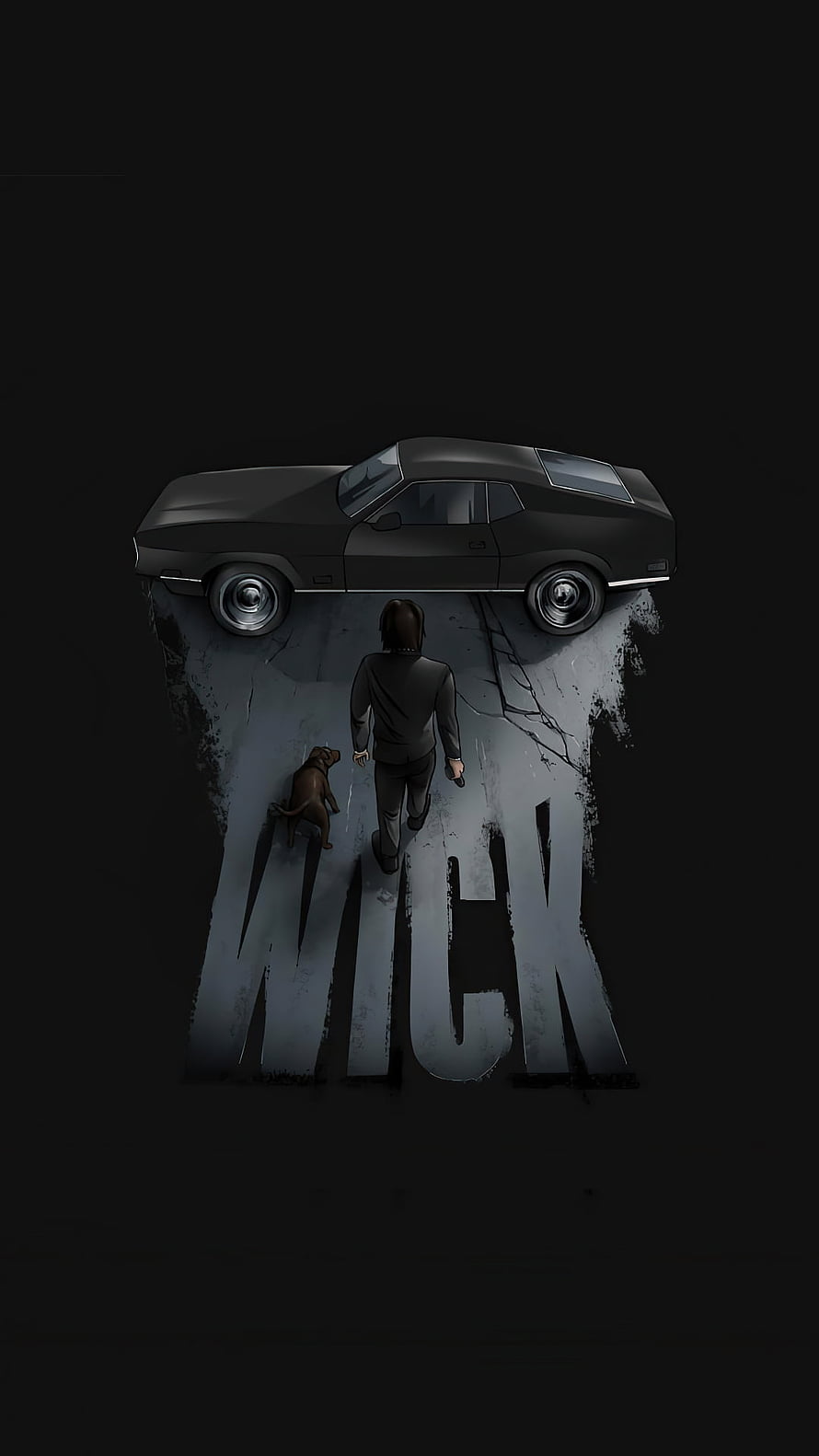 John Wick Walking Toward Classic Car With Dog in Dark Stylized Illustration HD phone wallpaper