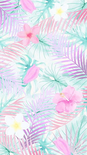 Pastel Watercolor Tropical Floral Pattern with Pink Hibiscus and Palm Leaves HD phone wallpaper