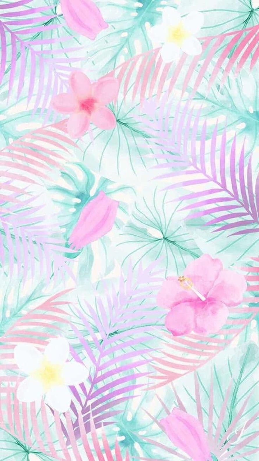 Pastel Watercolor Tropical Floral Pattern with Pink Hibiscus and Palm Leaves HD phone wallpaper