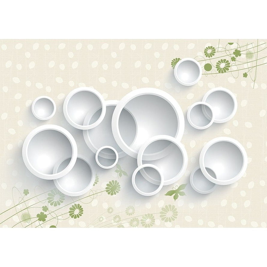 White 3D Circle Wall Decor with Green Floral Accents on Beige Polka Dot Background HD phone wallpaper