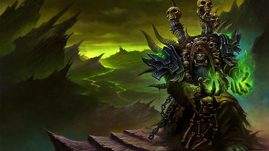 Dark Warlock Casting Green Necrotic Magic in World of Warcraft Fantasy Landscape HD wallpaper