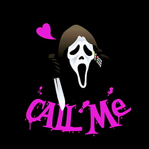 Ghostface Scream Character Holding Knife and Phone with Pink Call Me Text on Black Background HD phone wallpaper