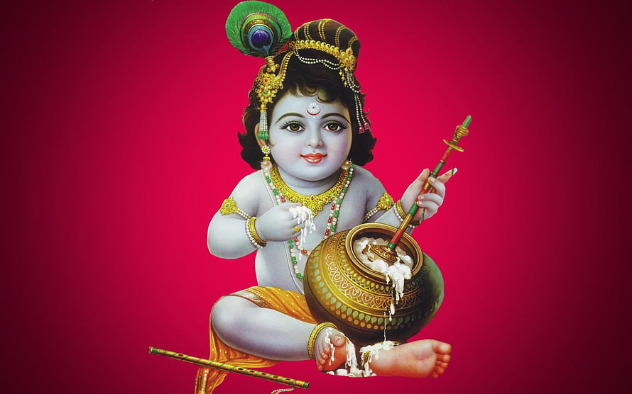 Baby Krishna Stealing Butter from a Pot with Flute and Peacock Crown HD wallpaper
