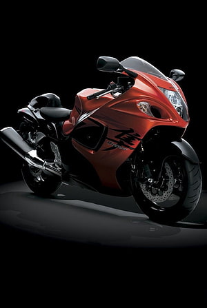 Suzuki Hayabusa Sport Bike in Glossy Red on Black Studio Background HD phone wallpaper