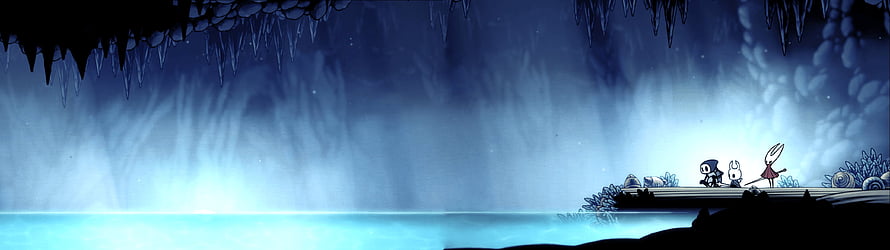 Hollow Knight Characters Standing on a Platform in a Glowing Blue Cave HD wallpaper