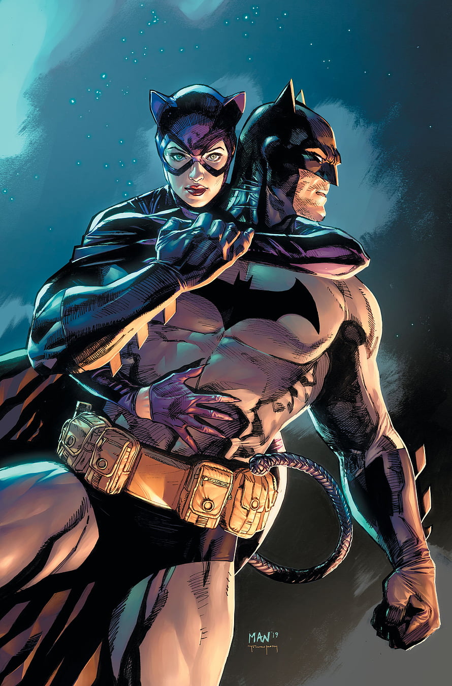 Batman and Catwoman Embracing in Dramatic Comic Book Illustration HD phone wallpaper