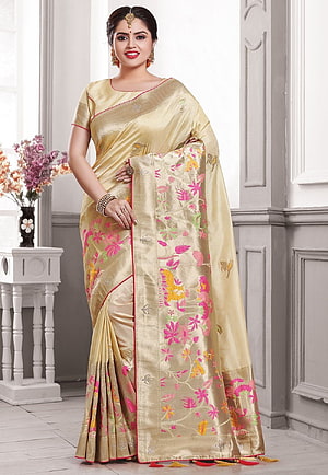 Elegant Gold Silk Saree with Vibrant Floral Motifs and Red Border HD phone wallpaper