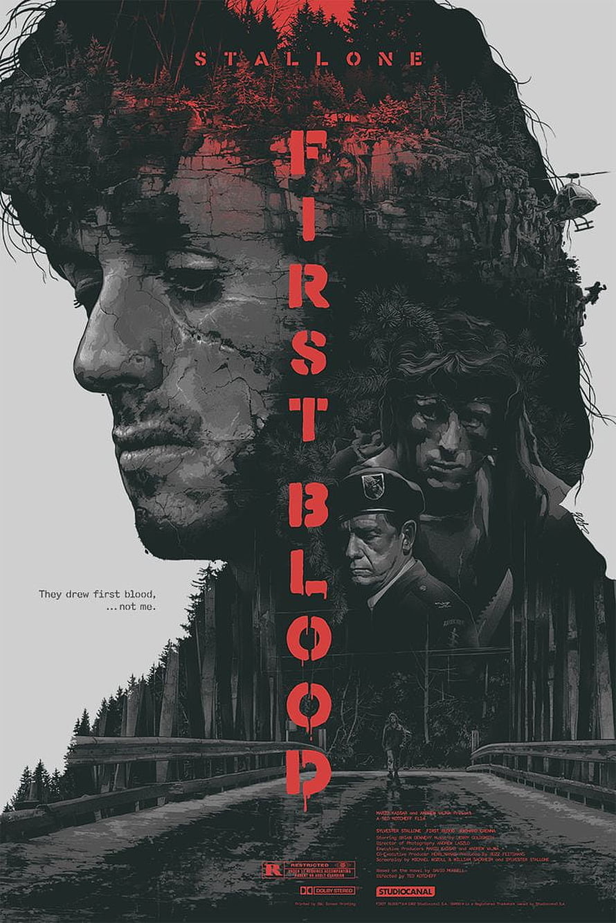 First Blood Movie Poster Featuring Sylvester Stallone as John Rambo in a Double Exposure Forest Scene HD phone wallpaper