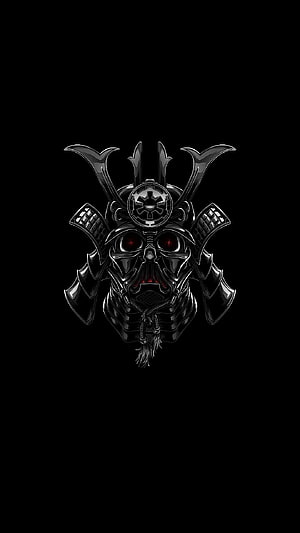 Dark Japanese Samurai Helmet with Glowing Red Eyes on Black Background HD phone wallpaper